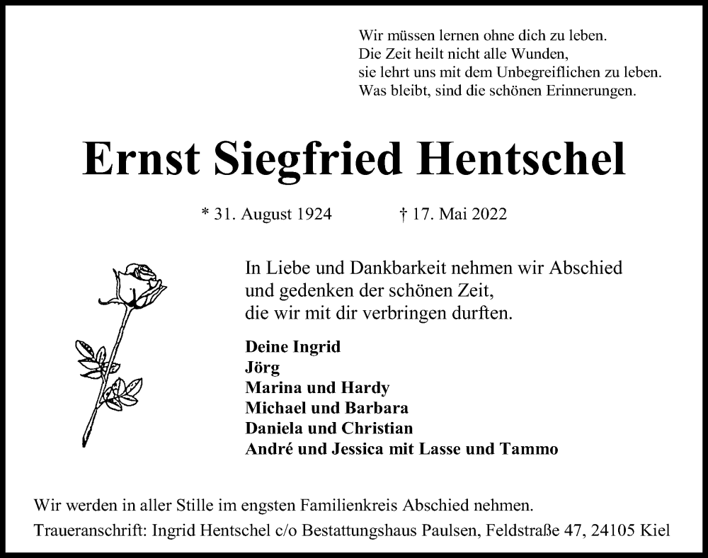  Traueranzeige für Ernst Siegfried Hentschel vom 21.05.2022 aus Kieler Nachrichten