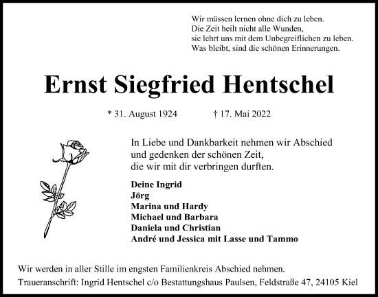 Traueranzeige von Ernst Siegfried Hentschel von Kieler Nachrichten