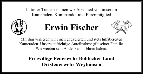 Traueranzeige von Erwin Fischer von Aller Zeitung