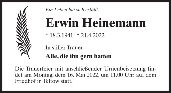 Traueranzeige von Erwin Heinemann von Märkischen Allgemeine Zeitung