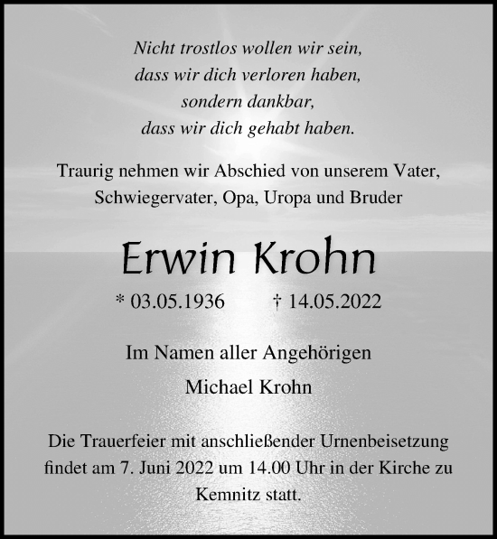 Traueranzeige von Erwin Krohn von Ostsee-Zeitung GmbH
