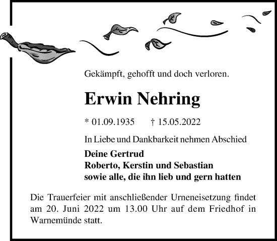 Traueranzeige von Erwin Nehring von Ostsee-Zeitung GmbH