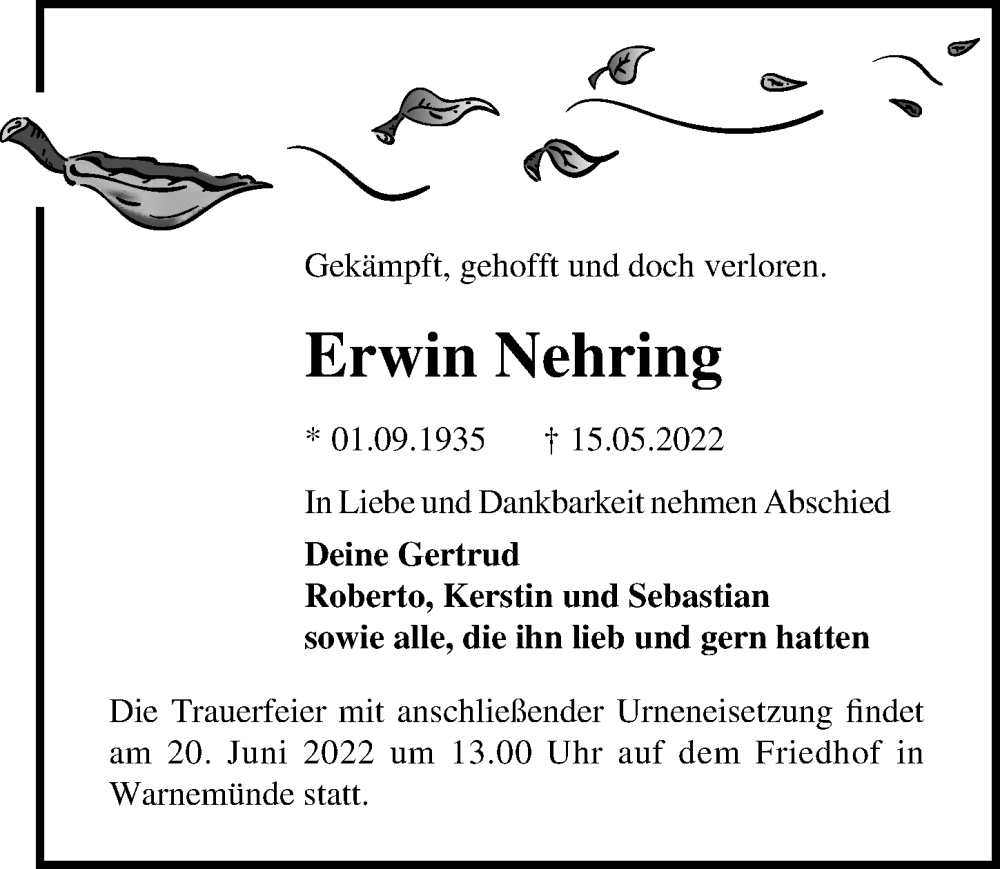  Traueranzeige für Erwin Nehring vom 21.05.2022 aus Ostsee-Zeitung GmbH