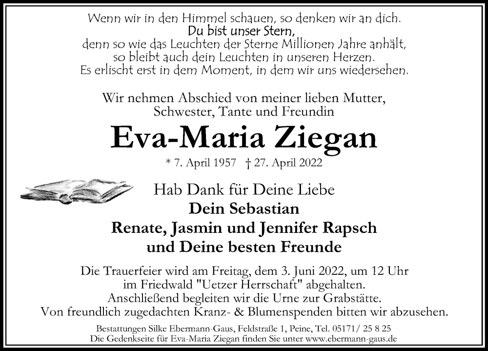  Traueranzeige für Eva-Maria Ziegan vom 07.05.2022 aus Peiner Allgemeine Zeitung