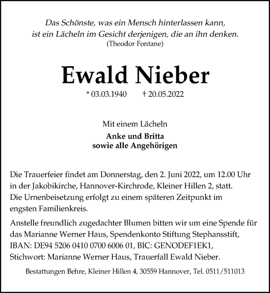 Traueranzeige von Ewald Nieber von Hannoversche Allgemeine Zeitung/Neue Presse