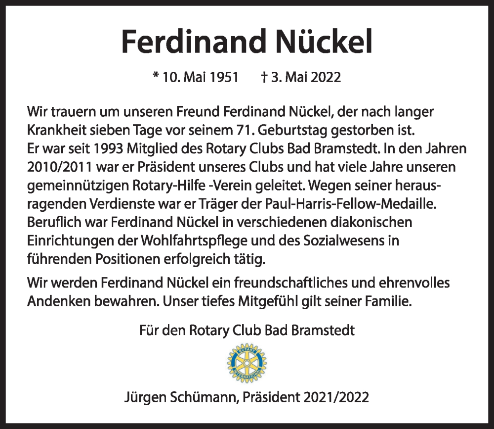  Traueranzeige für Ferdinand Nückel vom 21.05.2022 aus Kieler Nachrichten