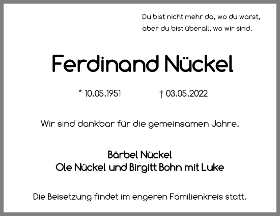 Traueranzeige von Ferdinand Nückel von Kieler Nachrichten