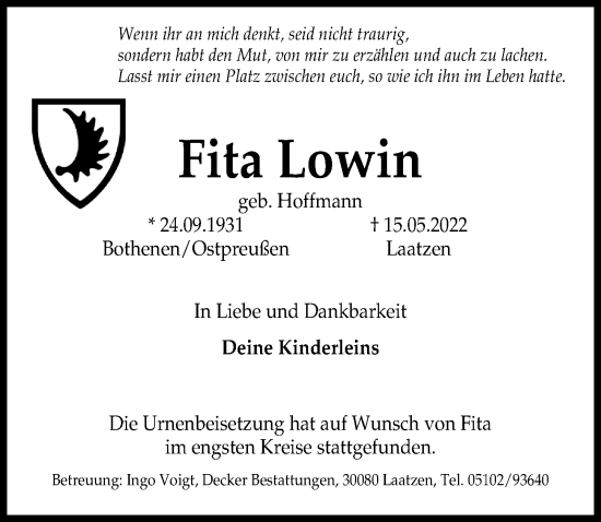 Traueranzeige von Fita Lowin von Hannoversche Allgemeine Zeitung/Neue Presse