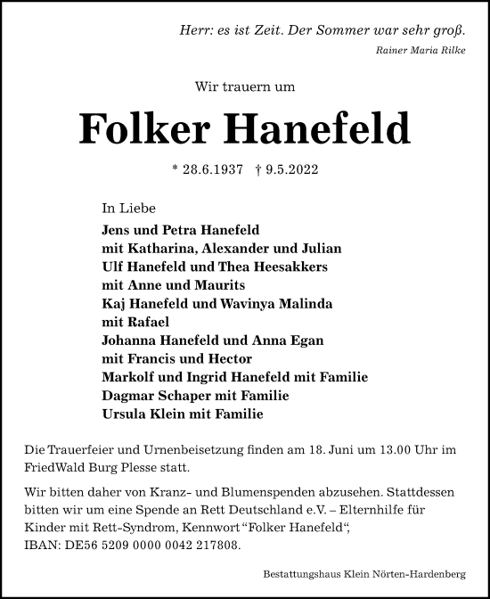 Traueranzeige von Folker Hanefeld von Göttinger Tageblatt