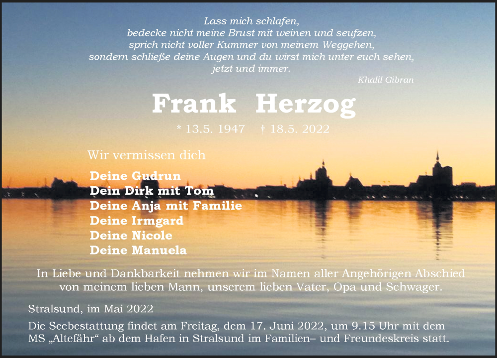  Traueranzeige für Frank Herzog vom 28.05.2022 aus Ostsee-Zeitung GmbH