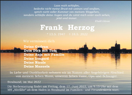 Traueranzeige von Frank Herzog von Ostsee-Zeitung GmbH
