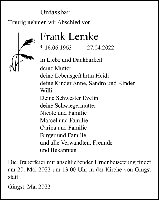 Traueranzeige von Frank Lemke von Ostsee-Zeitung GmbH