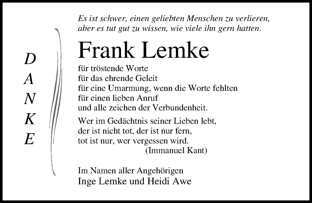  Traueranzeige für Frank Lemke vom 27.05.2022 aus Ostsee-Zeitung GmbH