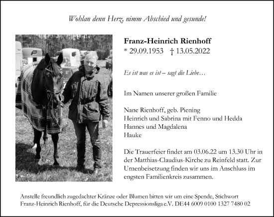 Traueranzeige von Franz-Heinrich Rienhoff von Lübecker Nachrichten