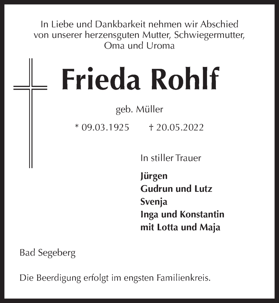  Traueranzeige für Frieda Rohlf vom 25.05.2022 aus Kieler Nachrichten