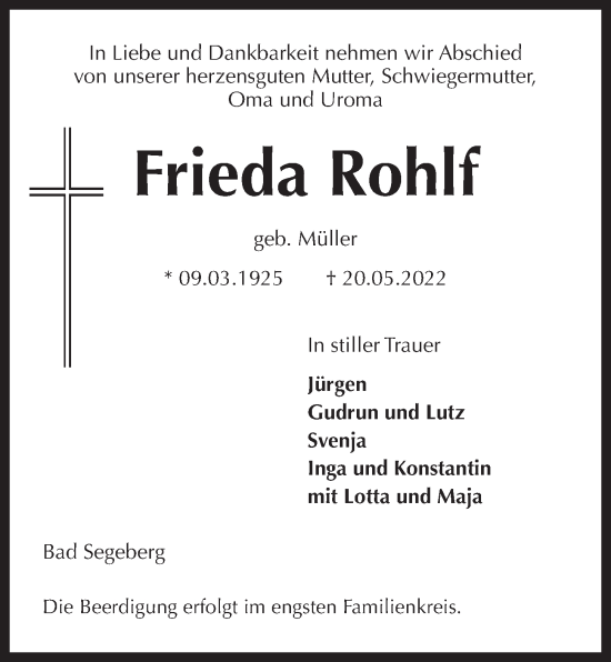 Traueranzeige von Frieda Rohlf von Kieler Nachrichten