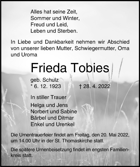 Traueranzeige von Frieda Tobies von Lübecker Nachrichten