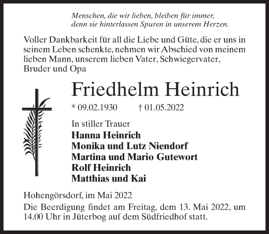 Traueranzeige von Friedhelm Heinrich von Märkischen Allgemeine Zeitung