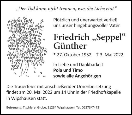 Traueranzeige von Friedrich Günther von Peiner Allgemeine Zeitung