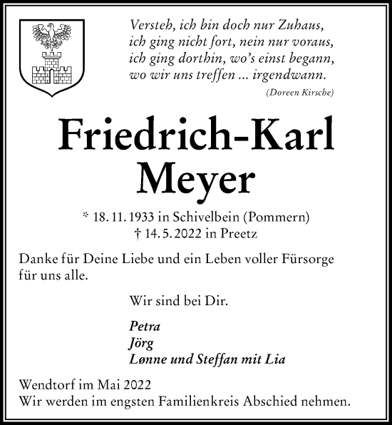 Traueranzeige von Friedrich-Karl Meyer von Kieler Nachrichten