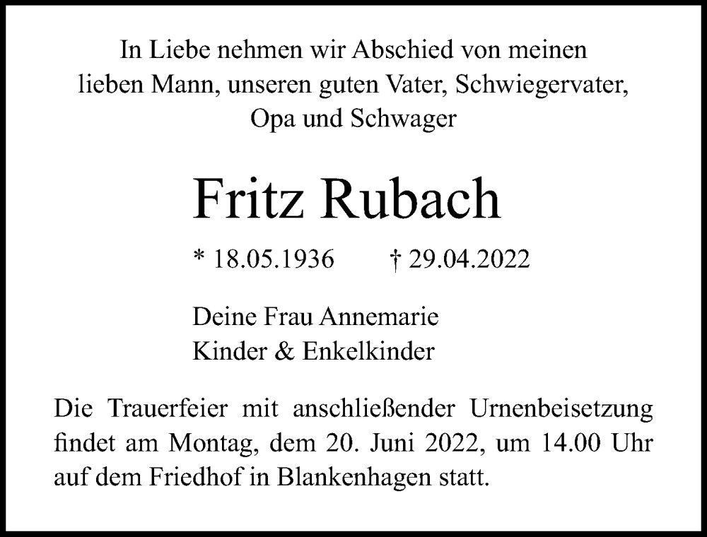  Traueranzeige für Fritz Rubach vom 14.05.2022 aus Ostsee-Zeitung GmbH