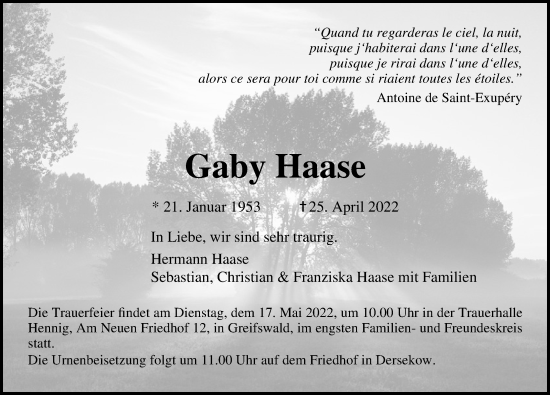 Traueranzeige von Gaby Haase von Ostsee-Zeitung GmbH