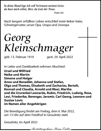 Traueranzeige von Georg Kleinschmager von Torgauer Zeitung