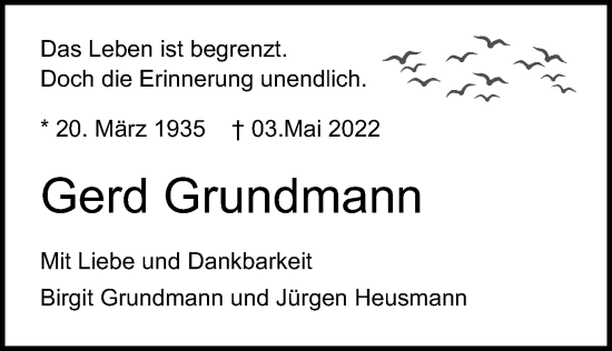 Traueranzeige von Gerd Grundmann von Lübecker Nachrichten