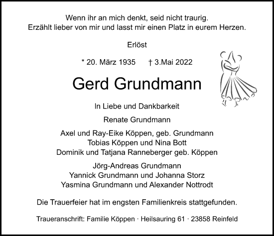 Traueranzeige von Gerd Grundmann von Lübecker Nachrichten