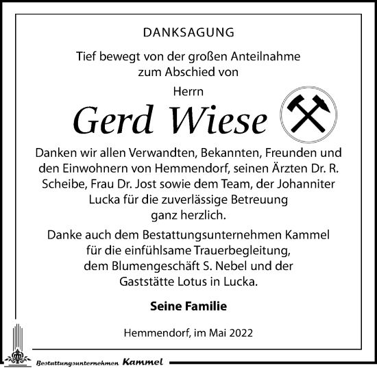 Traueranzeige von Gerd Wiese von Leipziger Volkszeitung