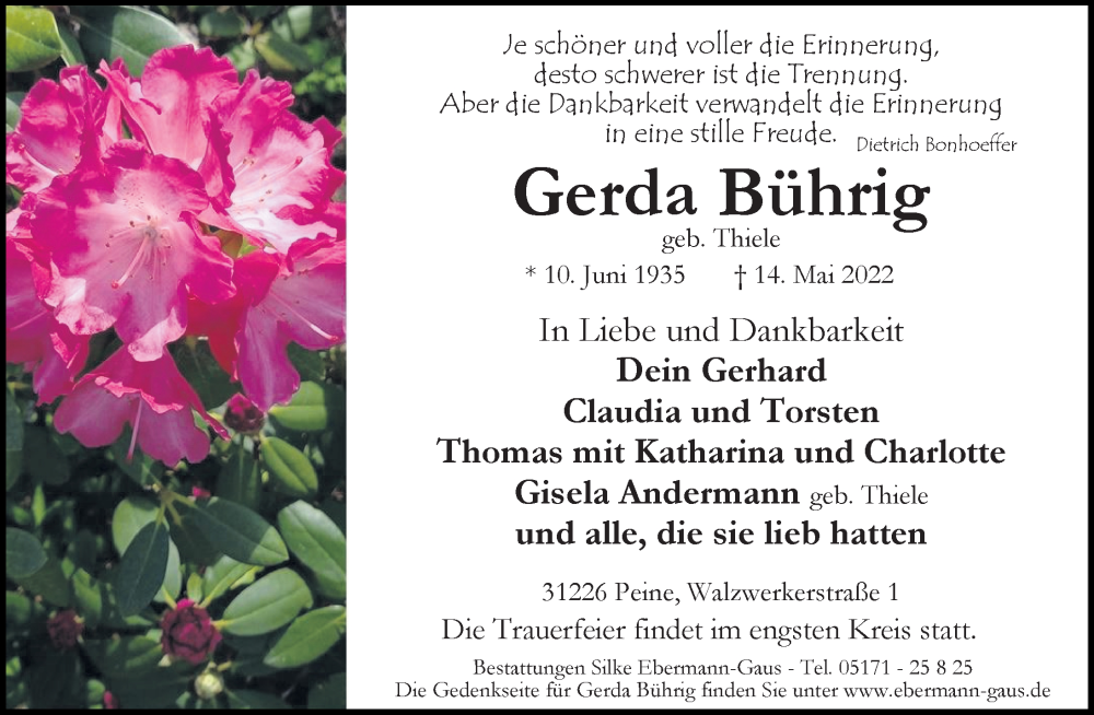  Traueranzeige für Gerda Bührig vom 18.05.2022 aus Peiner Allgemeine Zeitung