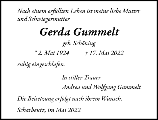 Traueranzeige von Gerda Gummelt von Lübecker Nachrichten