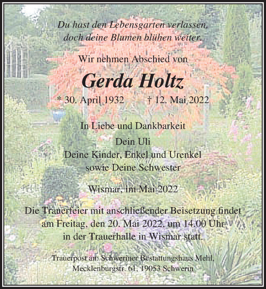  Traueranzeige für Gerda Holtz vom 14.05.2022 aus Ostsee-Zeitung GmbH