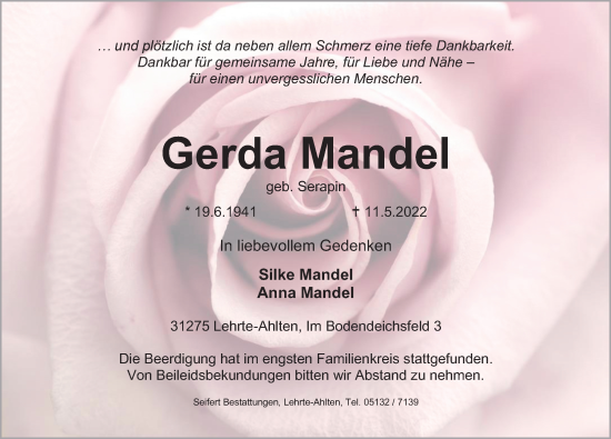 Traueranzeige von Gerda Mandel von Hannoversche Allgemeine Zeitung/Neue Presse