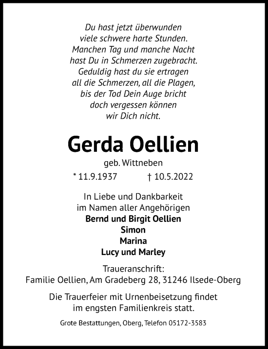 Traueranzeige von Gerda Oellien von Peiner Allgemeine Zeitung