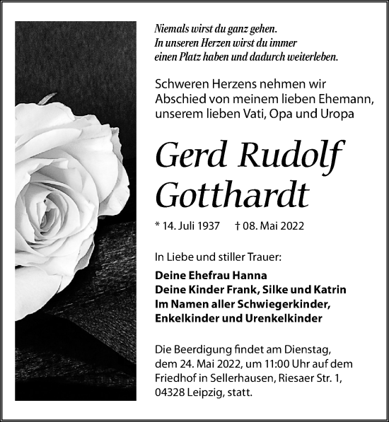 Traueranzeige von Gerd Rudolf Gotthardt von Leipziger Volkszeitung