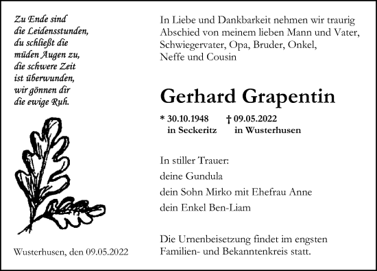 Traueranzeige von Gerhard Grapentin von Ostsee-Zeitung GmbH