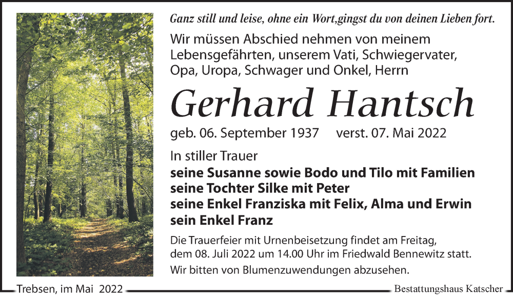  Traueranzeige für Gerhard Hantsch vom 14.05.2022 aus Leipziger Volkszeitung