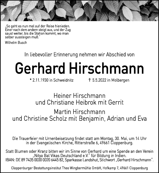 Traueranzeige von Gerhard Hirschmann von Hannoversche Allgemeine Zeitung/Neue Presse