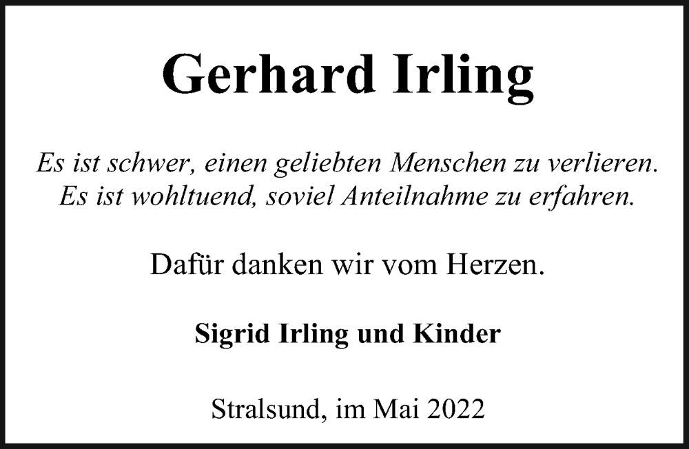  Traueranzeige für Gerhard Irling vom 28.05.2022 aus Ostsee-Zeitung GmbH