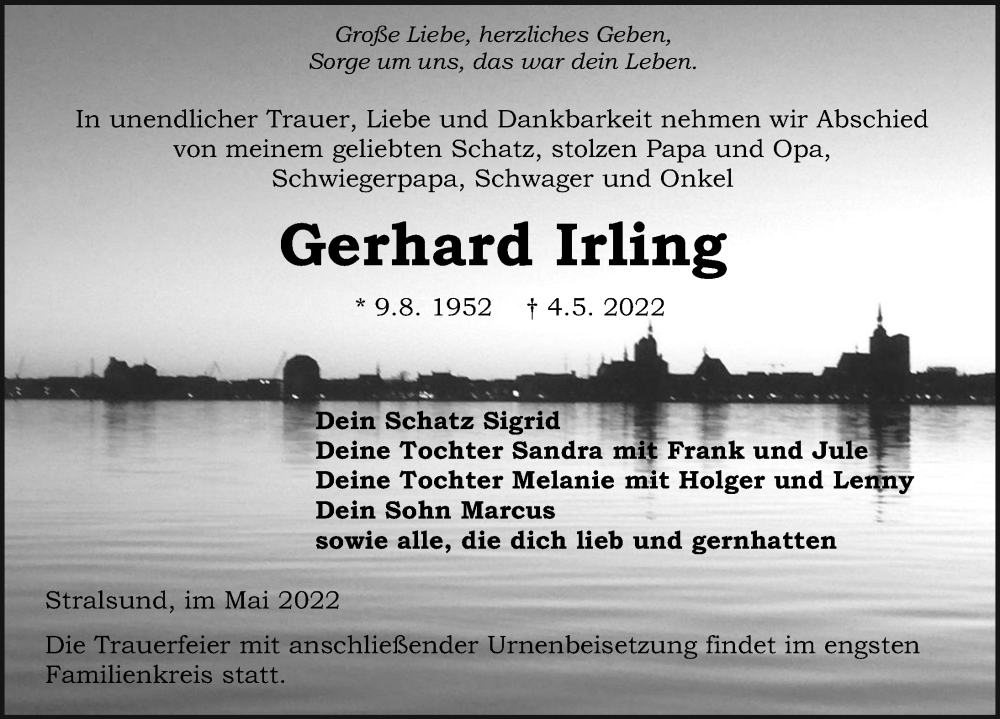  Traueranzeige für Gerhard Irling vom 14.05.2022 aus Ostsee-Zeitung GmbH