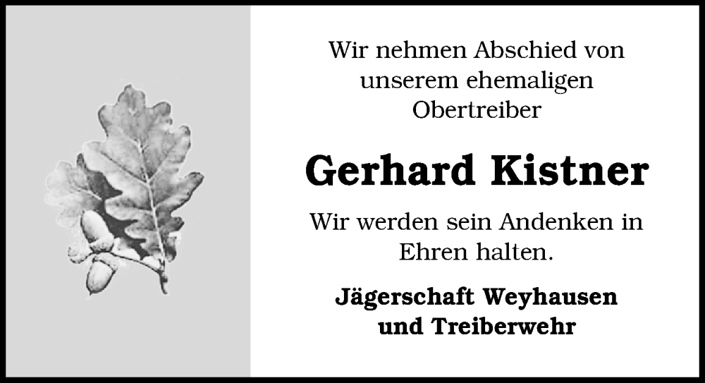  Traueranzeige für Gerhard Kistner vom 21.05.2022 aus Aller Zeitung
