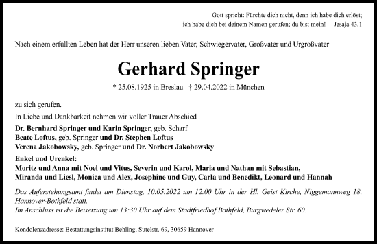 Traueranzeige von Gerhard Springer von Hannoversche Allgemeine Zeitung/Neue Presse