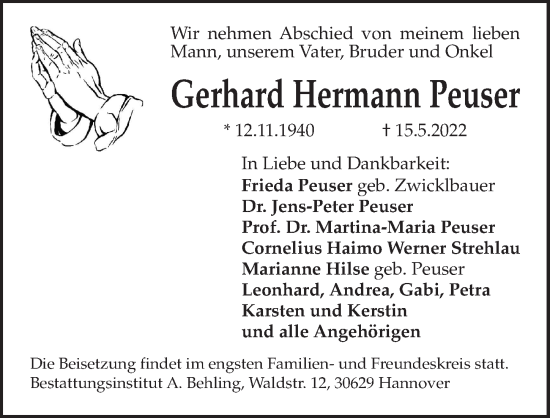Traueranzeige von Gerhard Hermann Peuser von Hannoversche Allgemeine Zeitung/Neue Presse