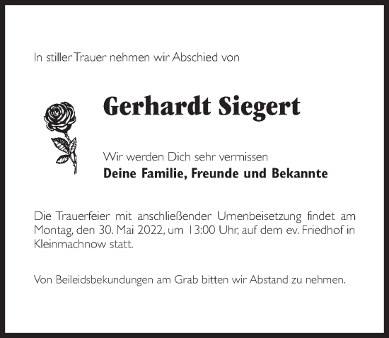 Traueranzeige von Gerhardt Siegert von Märkischen Allgemeine Zeitung