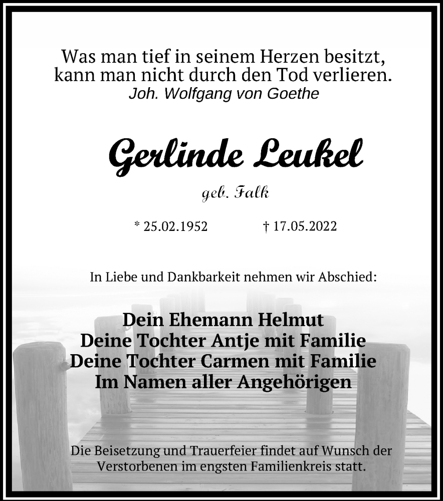  Traueranzeige für Gerlinde Leukel vom 21.05.2022 aus Ostsee-Zeitung GmbH