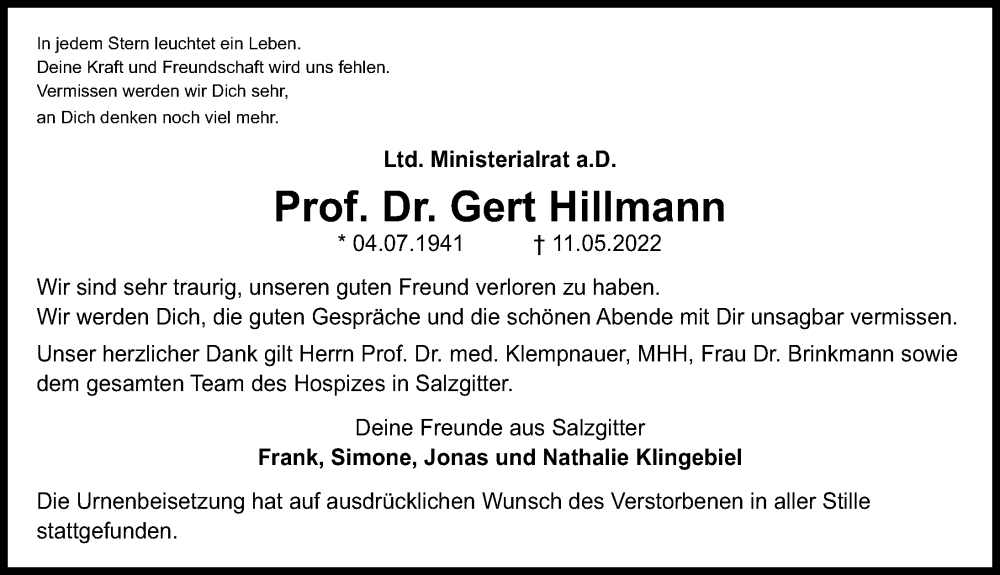  Traueranzeige für Gert Hillmann vom 28.05.2022 aus Hannoversche Allgemeine Zeitung/Neue Presse