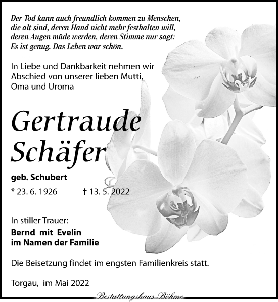 Traueranzeige von Gertraude Schäfer von Torgauer Zeitung