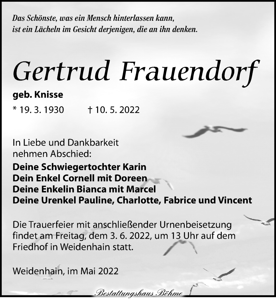  Traueranzeige für Gertrud Frauendorf vom 14.05.2022 aus Torgauer Zeitung