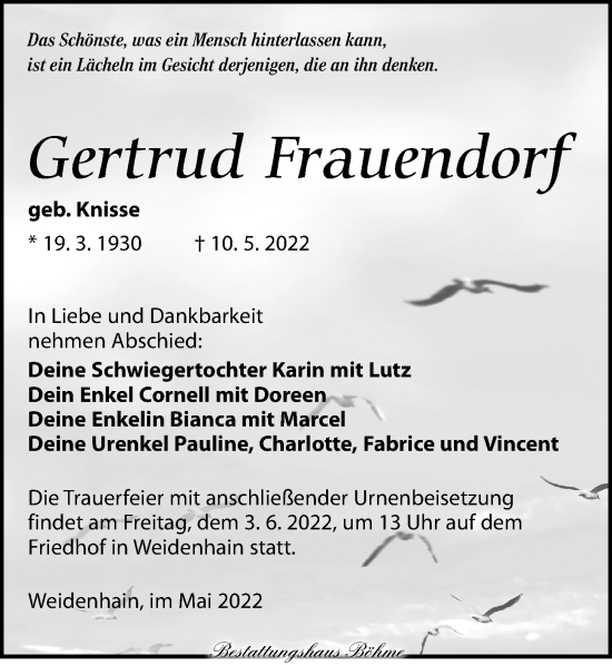 Traueranzeige von Gertrud Frauendorf von Torgauer Zeitung